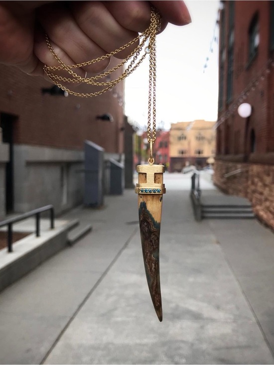 Hand Crafted Jewelry - Hand Crafted 18 Karat Yellow Gold Pendant - Mammoth Tusk & Blue Diamond Dagger